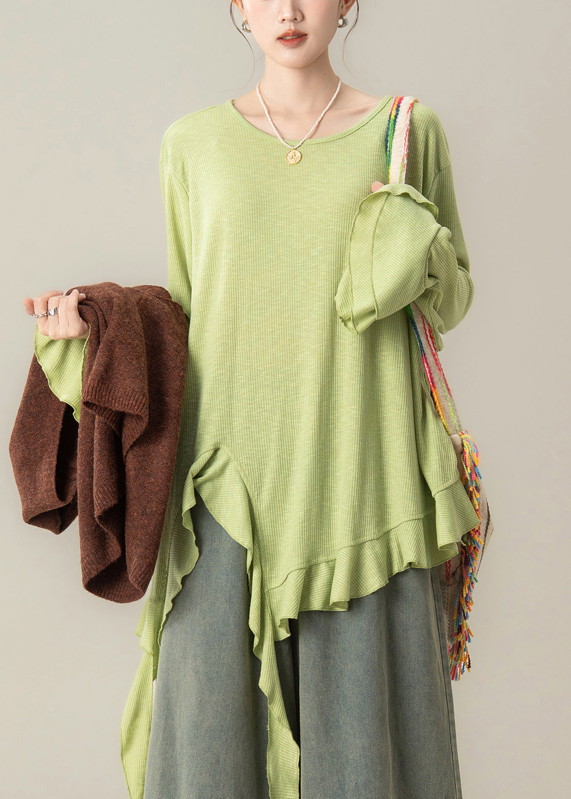 Art Green Asymmetrical T Shirts and Coffee Knit Vest Two Piece Set Flare Sleeve