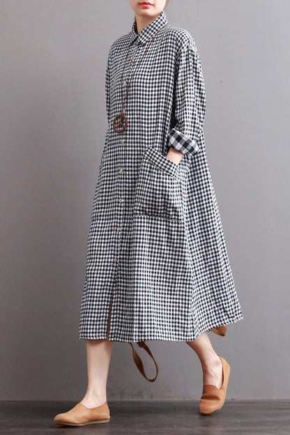 Linen Plaid Loose Dress Long for