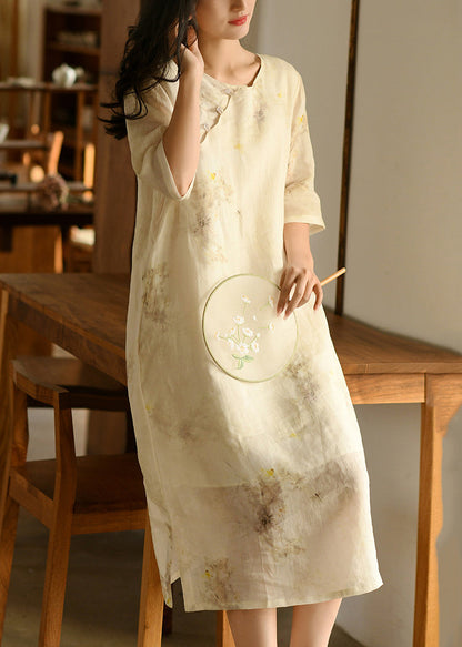 New Apricot O Neck Print Linen Long Dresses Summer