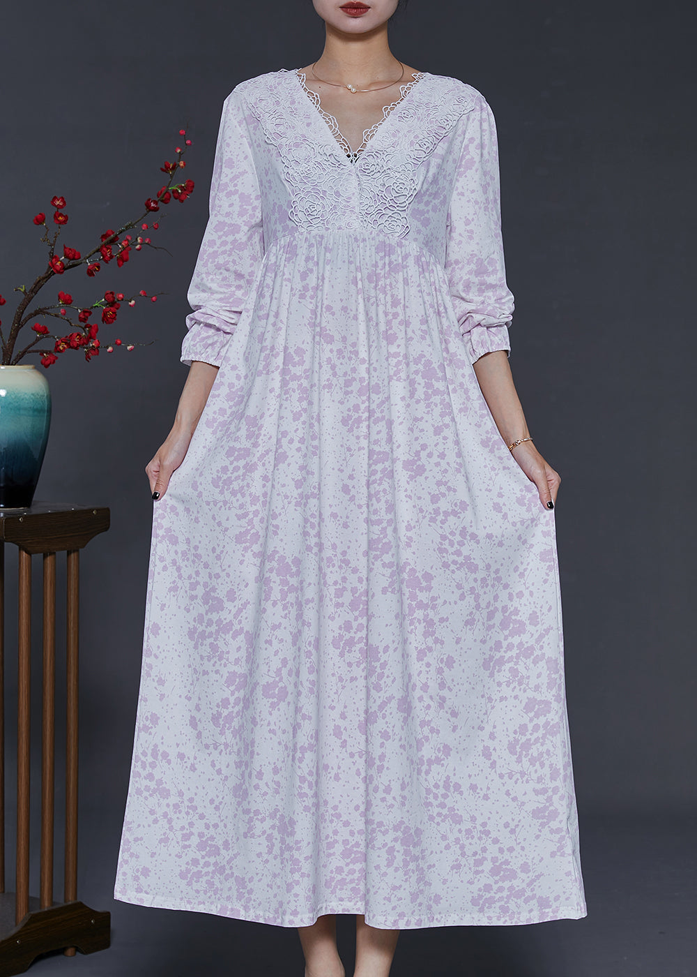 Light Purple V Neck Print Cotton Ankle Dress Spring