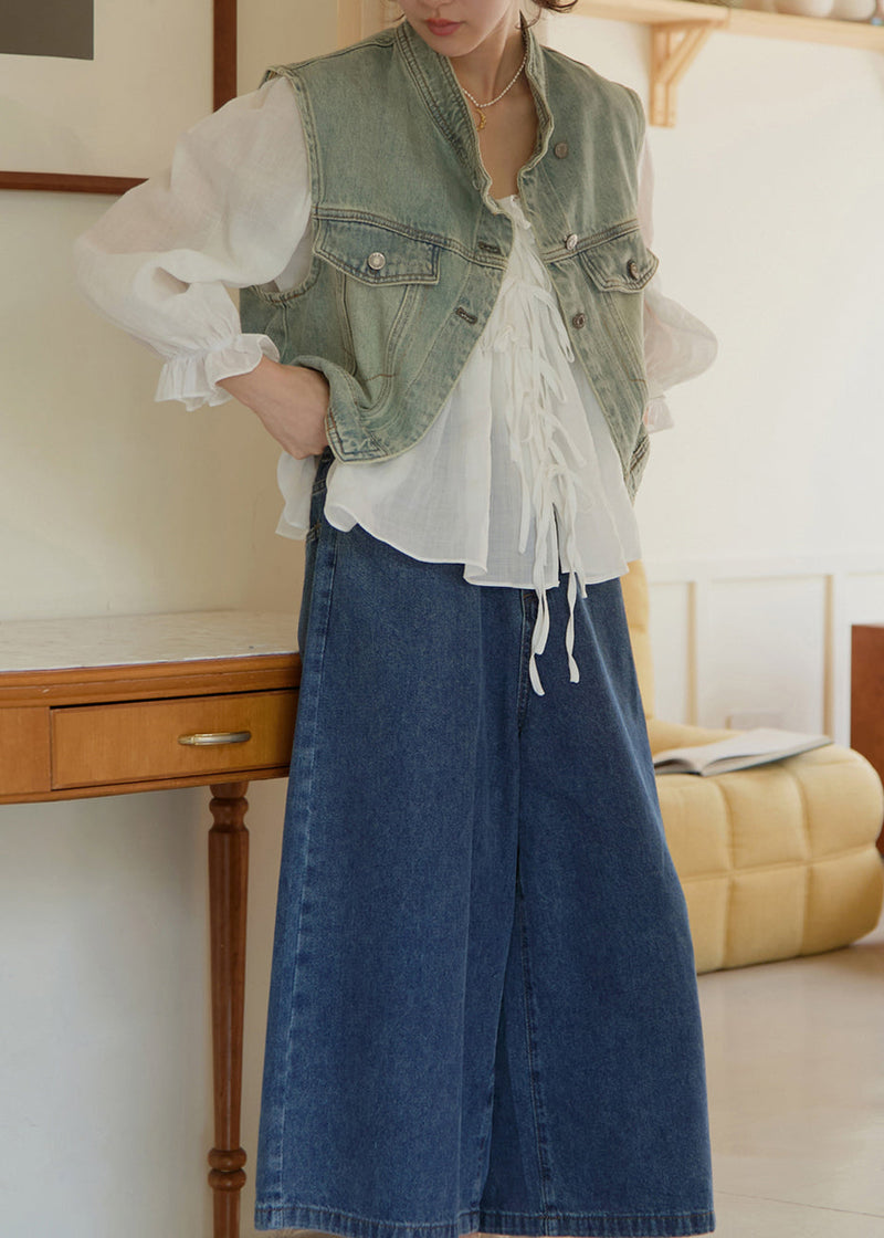 White Ruffled Patchwork Linen Shirts Lantern Sleeve