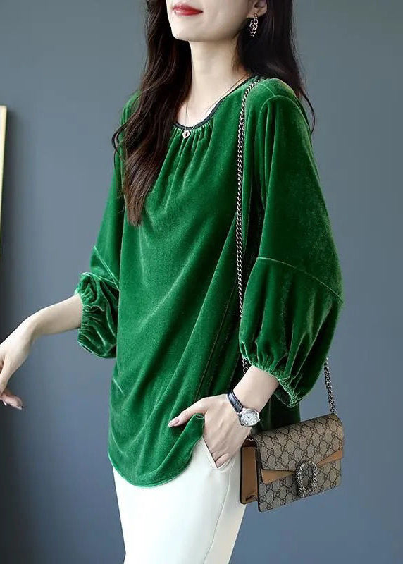 Loose Blackish Green O Neck Silk Velour Tops Spring
