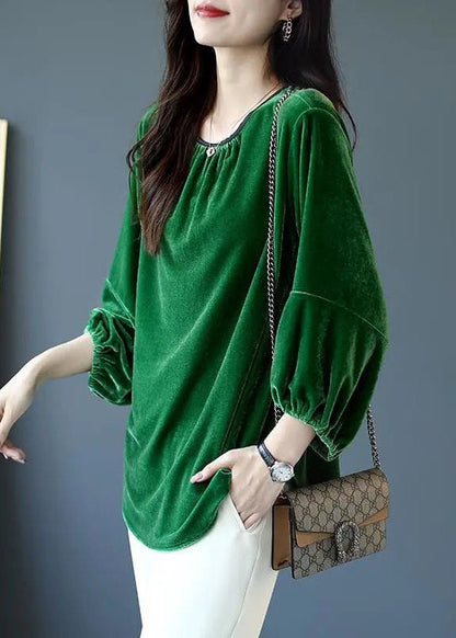 Loose Blackish Green O Neck Silk Velour Tops Spring