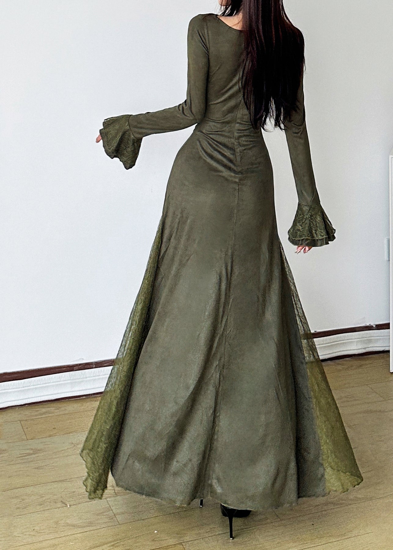 Blackish Green Patchwork Lace Long Dress Flare Sleeve