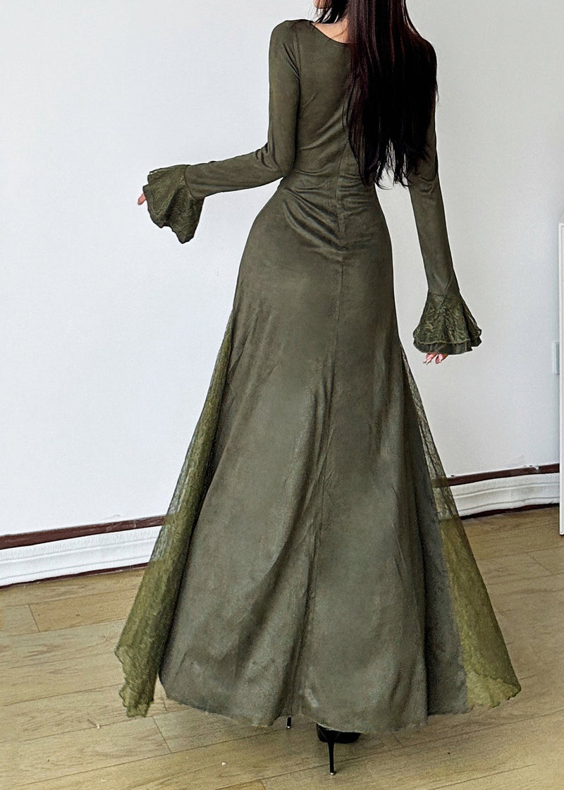 Blackish Green Patchwork Lace Long Dress Flare Sleeve
