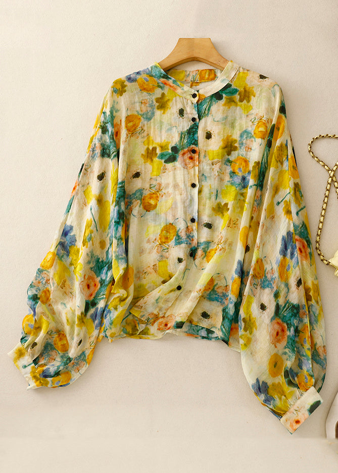 Yellow Button Print Linen Shirt Lantern Sleeve