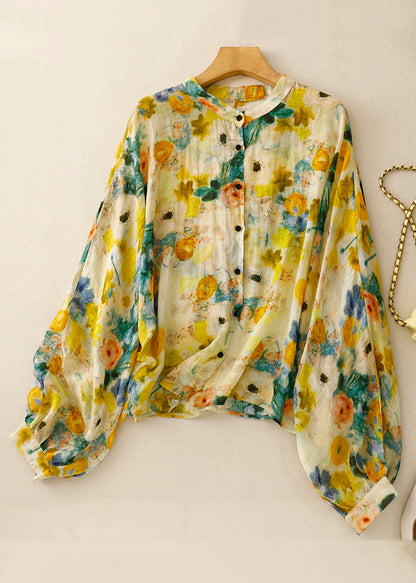Yellow Button Print Linen Shirt Lantern Sleeve