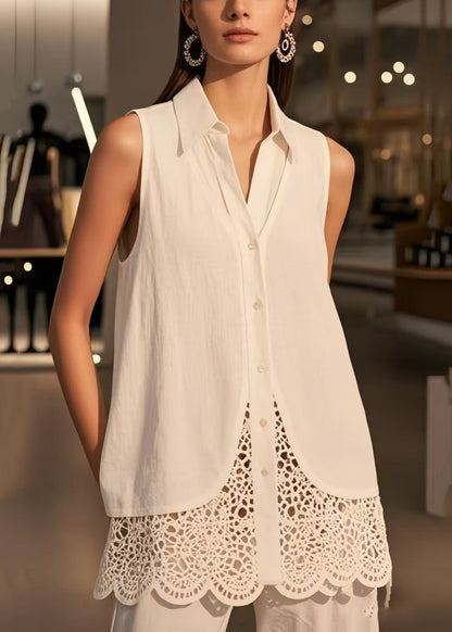 White Peter Pan Collar Patchwork Lace Blouses Sleeveless