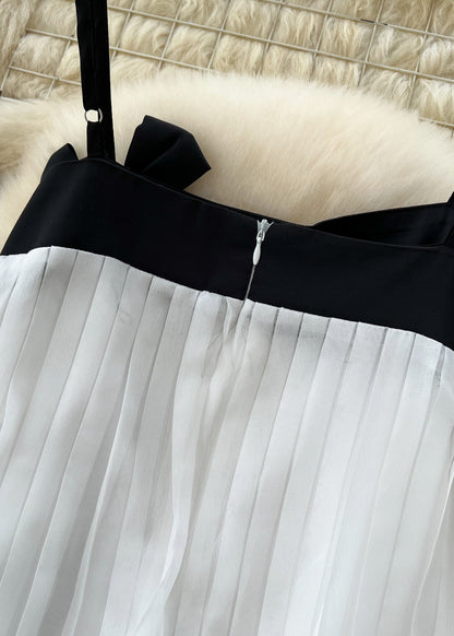 White Bow Patchwork Chiffon Pleated Cami Dress Summer
