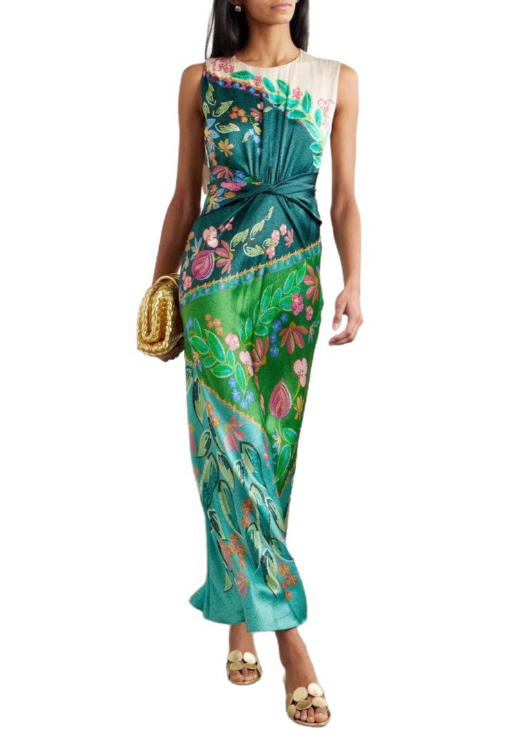 Italian Green O Neck Print Silk Long Dress Sleeveless