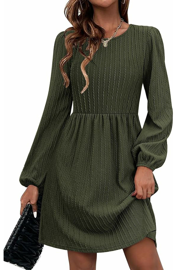 Style Black O Neck Pockets Cotton Mid Dresses Long Sleeve