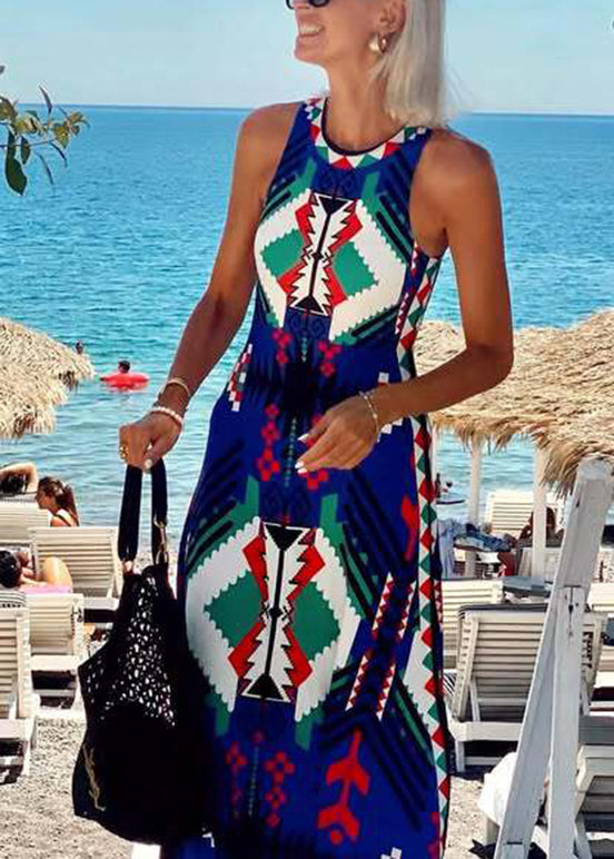 Organic Blue O Neck Print Cotton Long Dresses Sleeveless