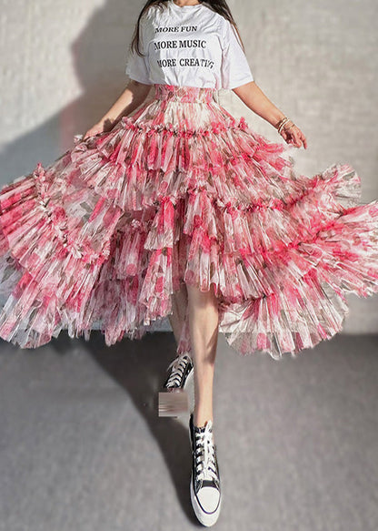 Red Asymmetrical Print Chiffon Skirt Spring