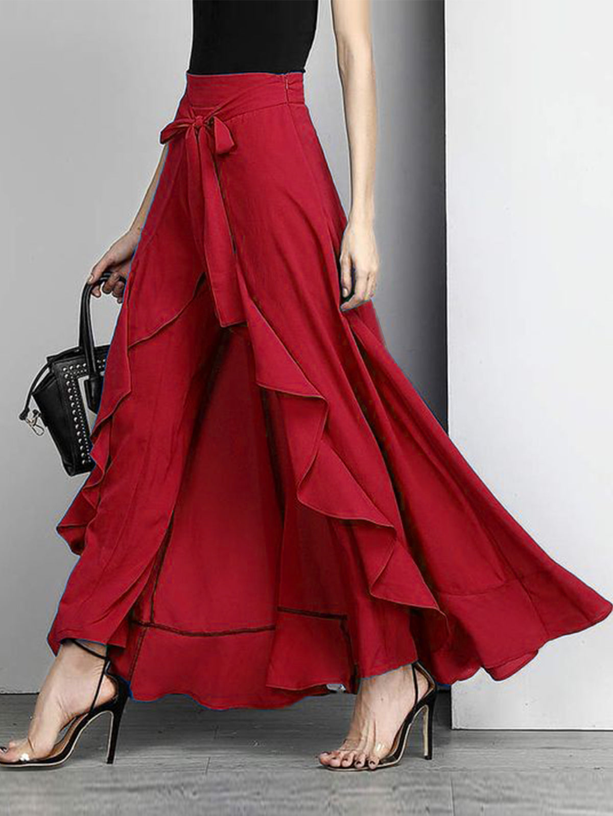 Grey Waist Spliced Ruffle Hem Straight Leg Skirt
