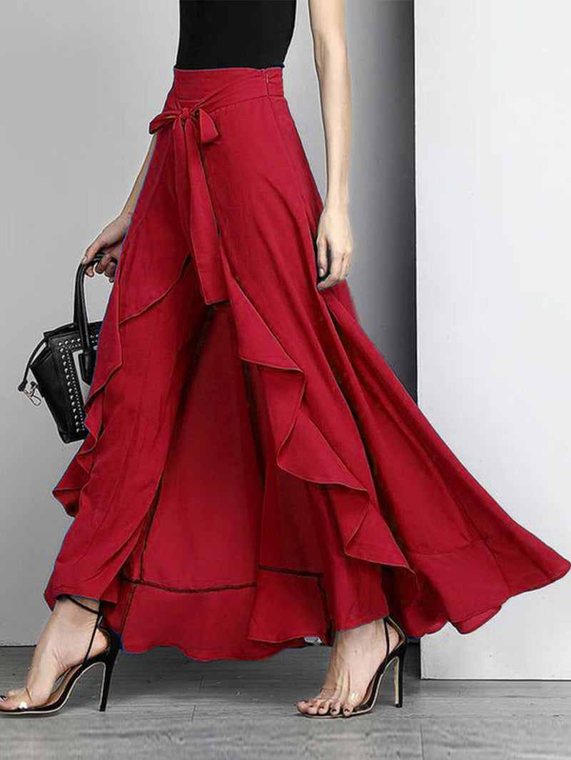 Grey Waist Spliced Ruffle Hem Straight Leg Skirt