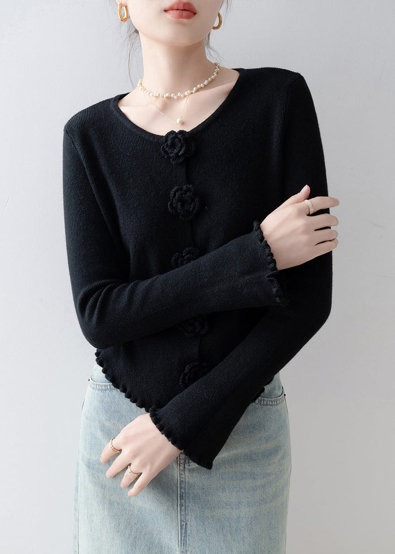 French Black O Neck Ruffled Knitted Tops Spring