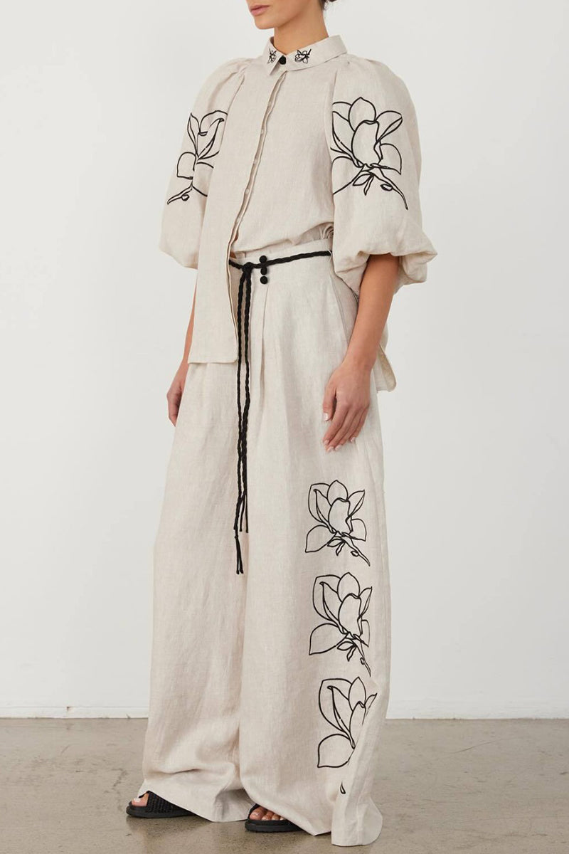 Print Flowers Pocket Frenulum Turndown Collar Half Sleeve Two Pieces