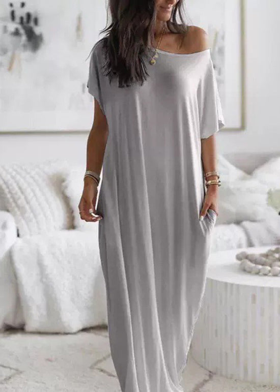Simple White Slash Neck Cotton Long Dress Batwing Sleeve