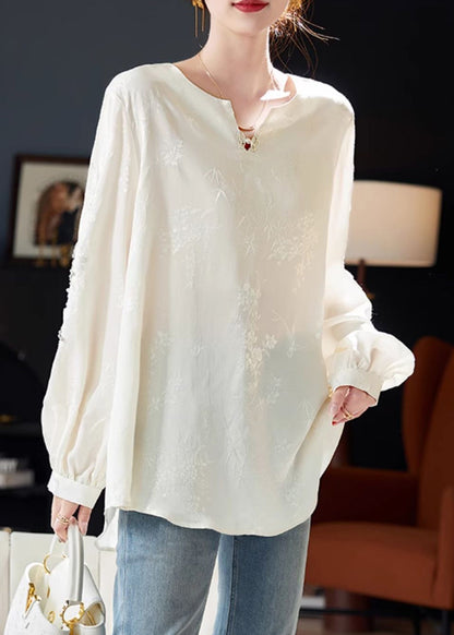 Jacquard White Sequins Nail Bead Chiffon Tops Long Sleeve