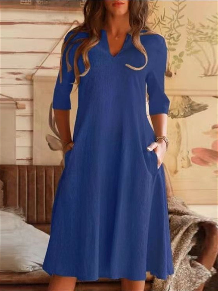 New V-neck Color Cotton Linen Pocket Mid-sleeve Dress