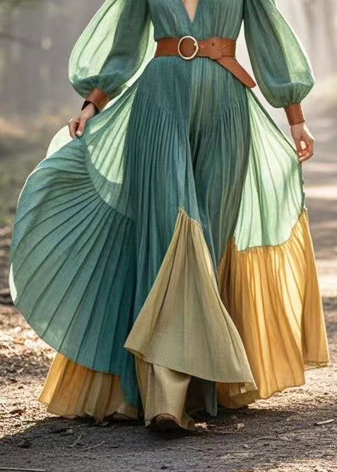Green Cinched Patchwork Exra Large Hem Pleated Dress Spring