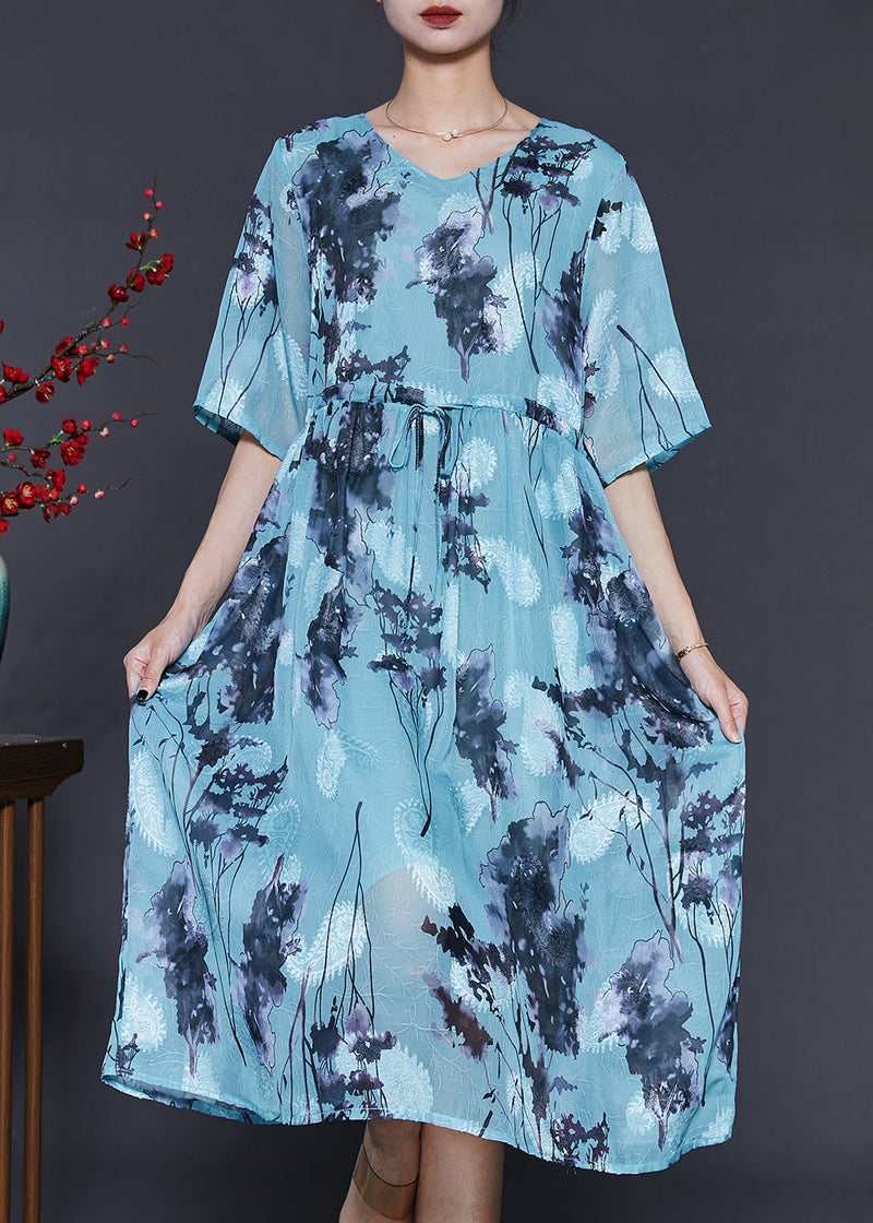 Blue Cinched Print Chiffon Long Dresses Summer