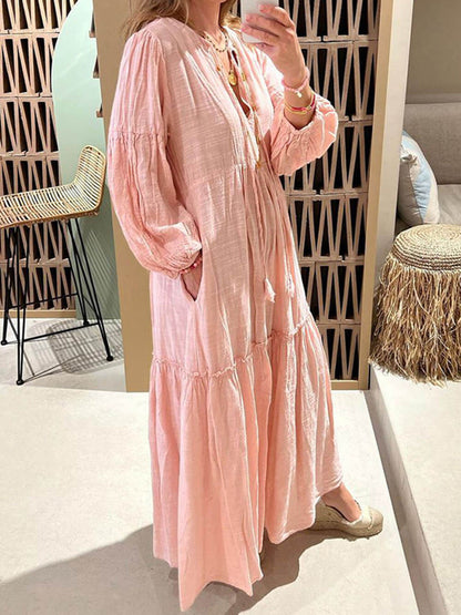 V-neck Puff Sleeve Cotton and Linen Dress