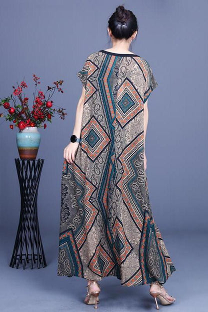 Geometric Print Pocket O Neck Maxi Dress