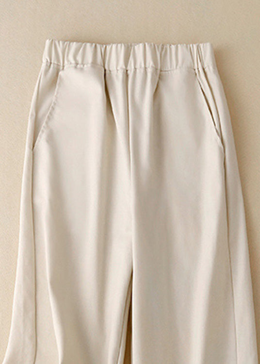 Khaki Pockets Elastic Waist Linen Crop Pants Summer