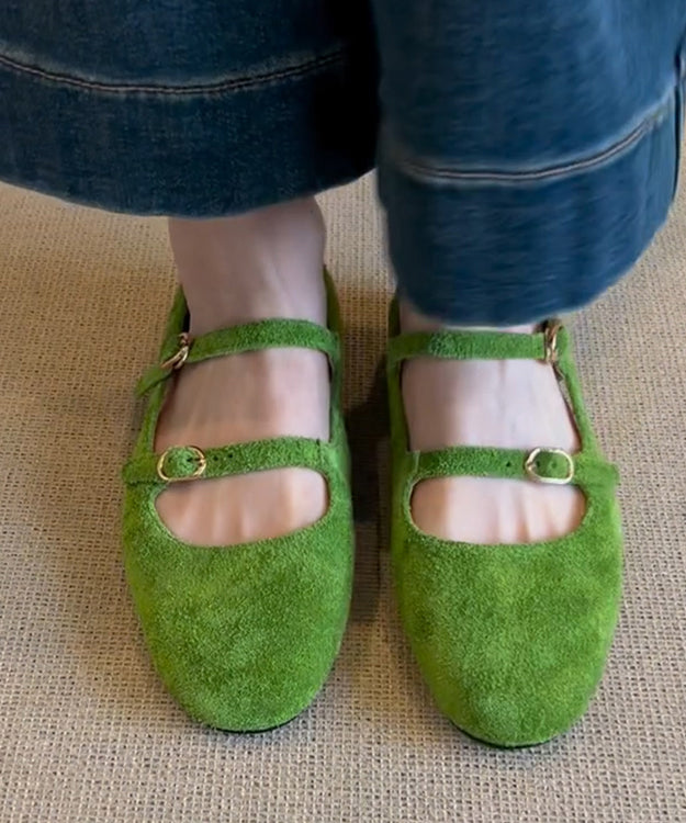 Buckle Strap Splicing Flat Feet Shoes Green Suede