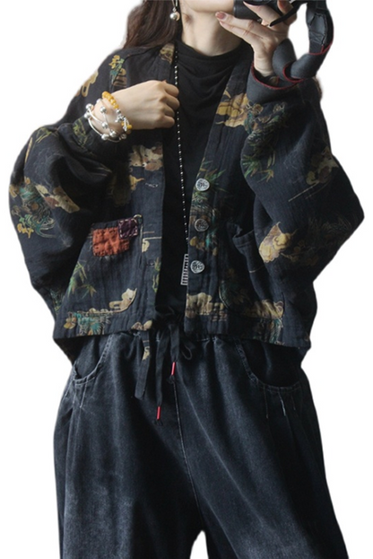 -new Doll Sleeve Linen Short Jacket Loose Print Cardigan