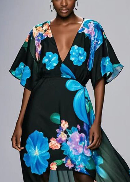 Black V Neck Print Chiffon Long Dresses Summer