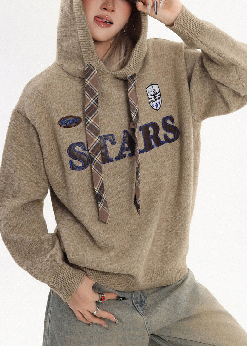 Coffee Hooded Embroidered Knit Sweatshirt Winter