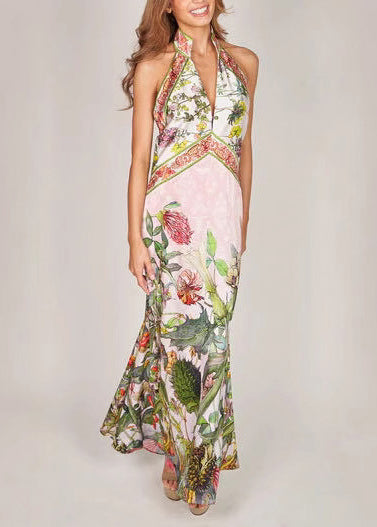 Italian V Neck Print Backless Silk Vacation Dresses Sleeveless