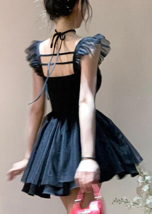 Black Square Collar Cotton Mid Dress Summer