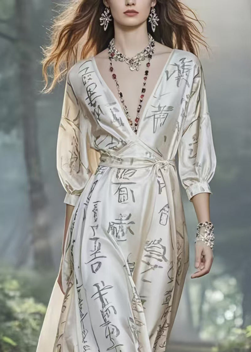 White Draping Silk Robe Dresses Cinched Exra Large Hem Bracelet Sleeve