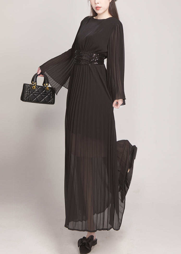 Rose Wrinkled Tie Waist Chiffon Maxi Dresses Flare Sleeve
