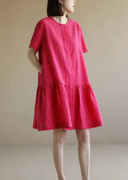 Red O Neck Plaid Cotton Mid Dresses Summer