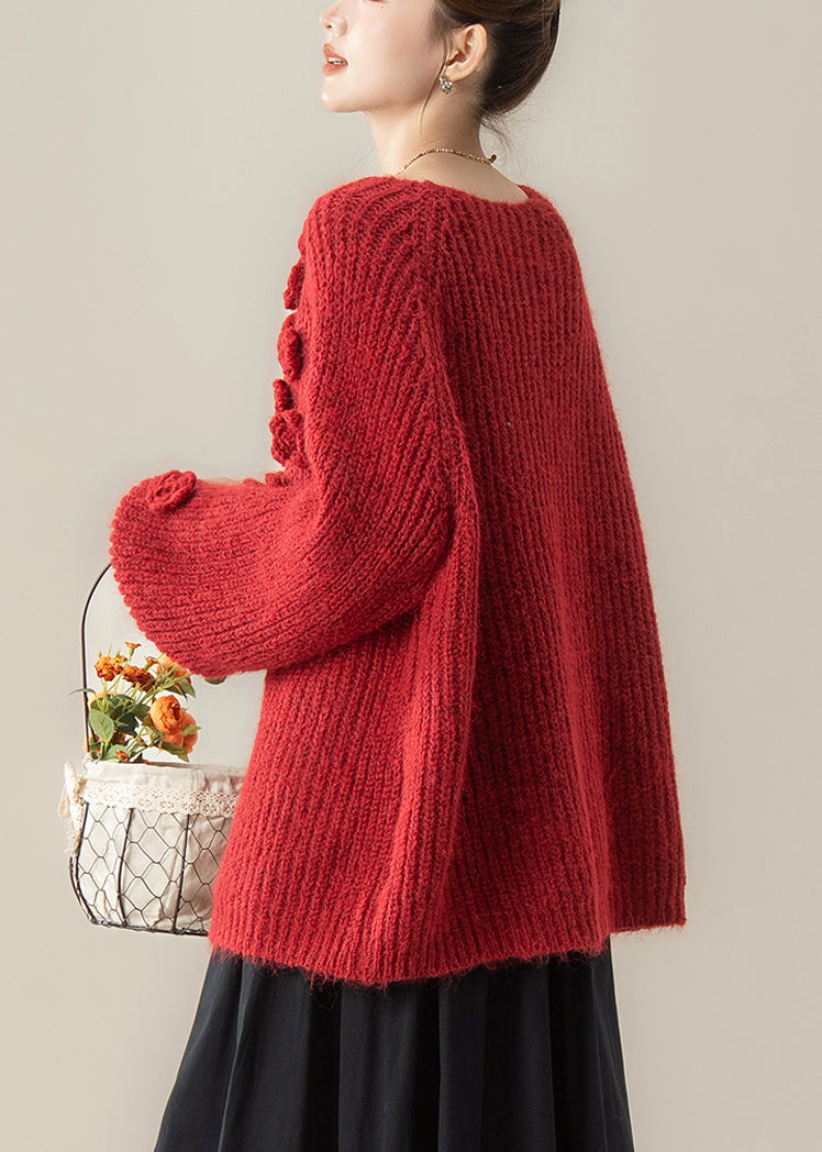 Red Lace Up Knit Loose Cardigan V Neck Spring