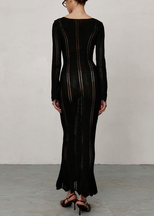 Black High Waist Knit Long Dresses V Neck Spring