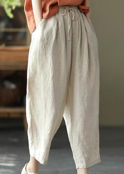 Linen Colour Drawstring Pockets Elastic Waist Linen Crop Pants Summer