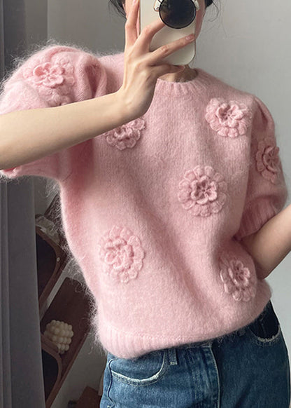 Pink O Neck Knit Sweater Short Sleeve