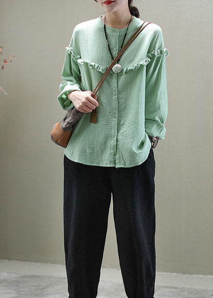 Green Ruffled Button Patchwork Cotton Blouse Tops Long Sleeve