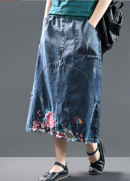 Diy Blue High Waist Embroidered Patchwork Cotton Denim Skirts Summer