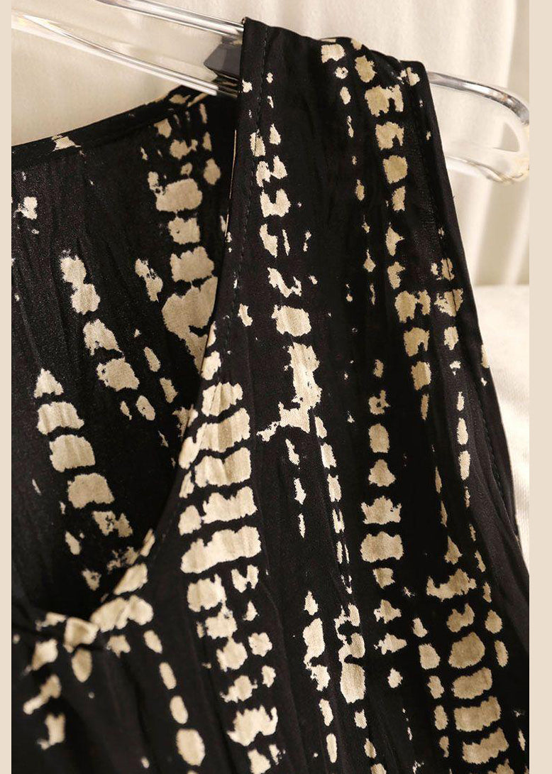 Black V Neck Wrinkled Cotton Long Dress Sleeveless