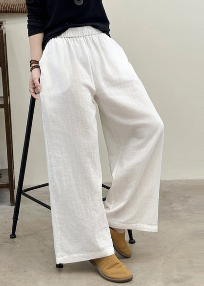 White Elastic Waist Linen Straight Pants Summer