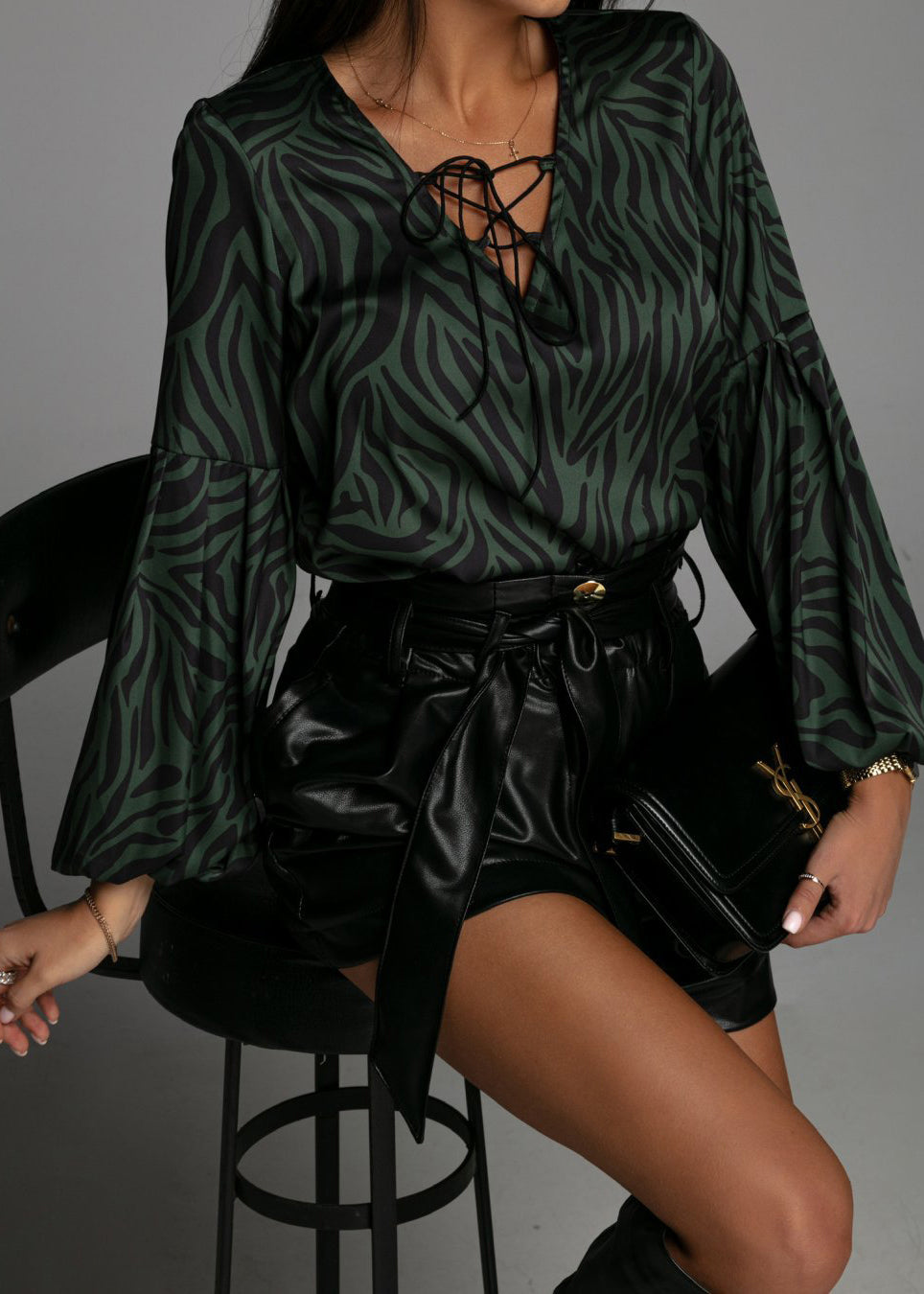 Stylish White Zebra Pattern Lace Up Cotton Shirt Spring