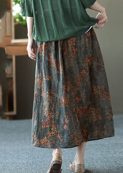 Navy Loose Linen a Line Skirt Sashes Elastic Waist Summer