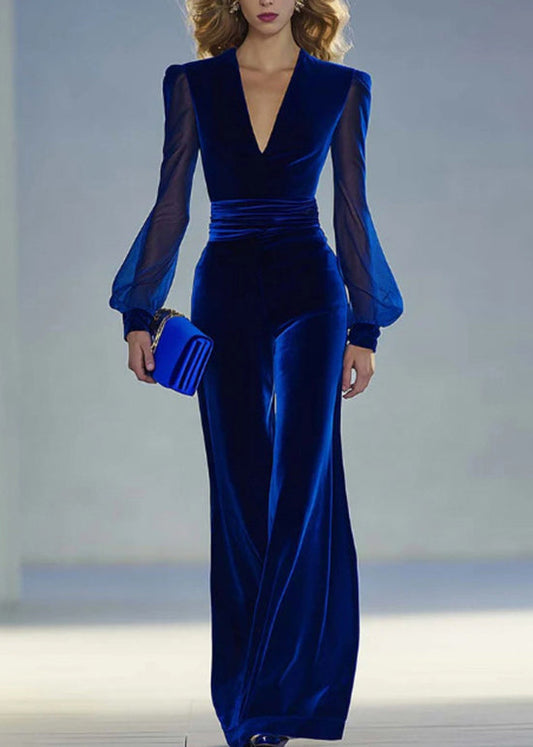 Classy Blue V Neck Patchwork Velvet Jumpsuits Fall