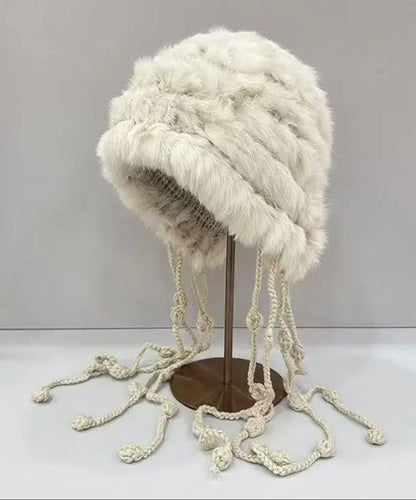 White Tassel Rabbit Wool Knit Bonnie Hat